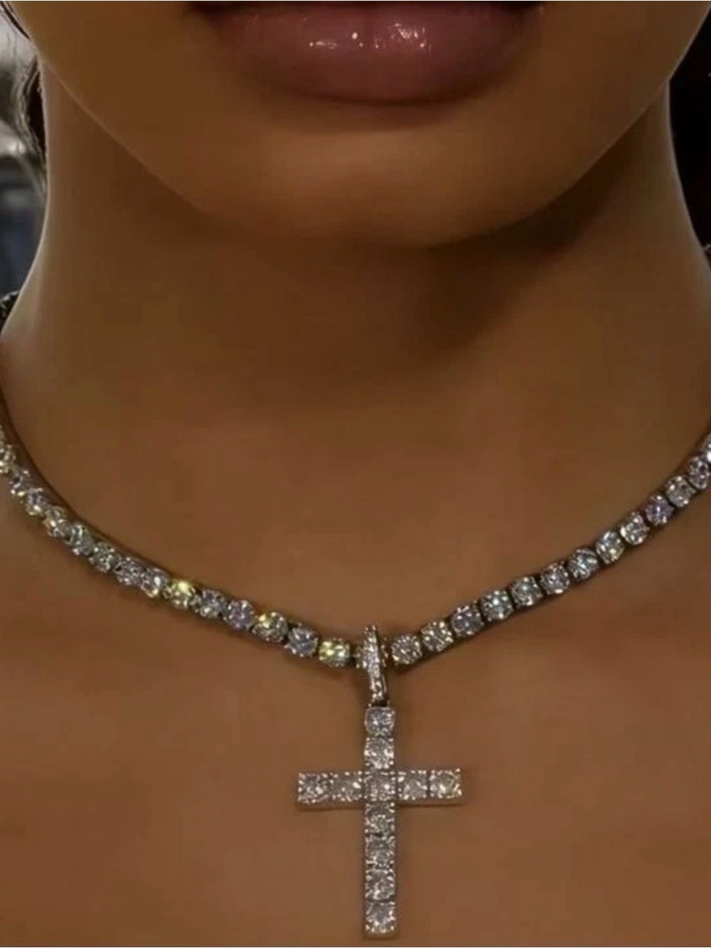 Crystal Cross Pendant Tennis Necklace - Silver Tone